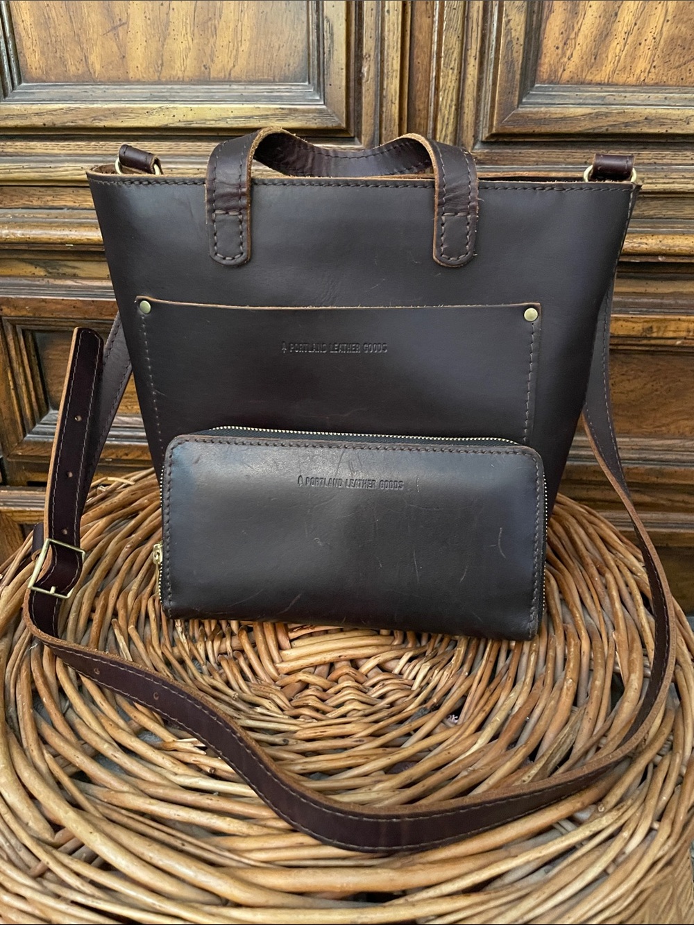 Portland Leather Mini Tote Dark Brown Leather Crossbody Tote with Zip Wallet